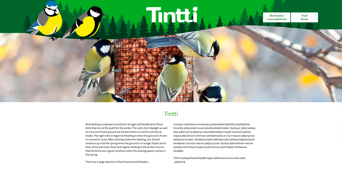 Tintti-verkkosivujen etusivu.