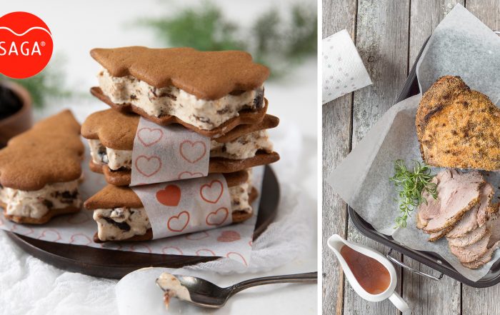 Icecream gingerbreads and ham on SAGA-papers.